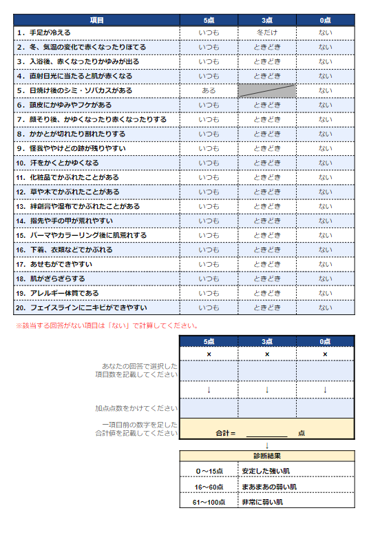 肌の強さチェックシート